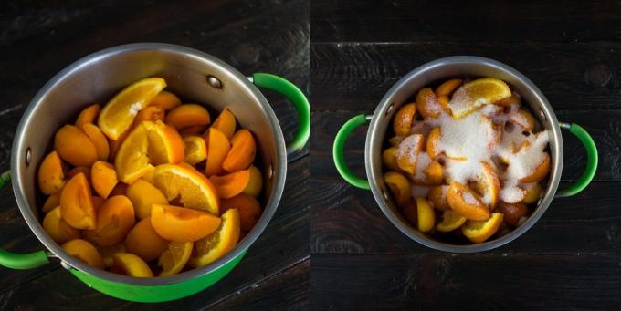 Marmelade aus Aprikosen und Orangen: Obst, Zucker gießen