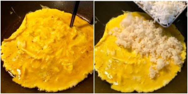Wie gebratenen Reis mit Ei kochen: die Eier braten und den Reis hinzufügen