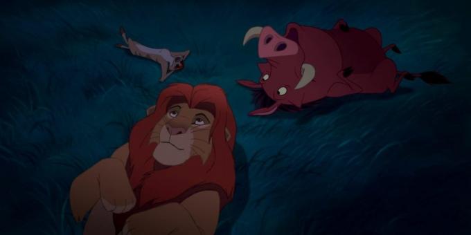 Cartoon „The Lion King“: Simba, Timon und Pumbaa sind unter dem Nachthimmel und denken über die Natur der Sterne