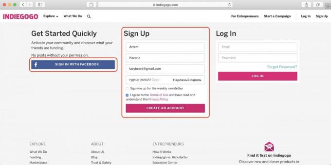 Wie auf Indiegogo kaufen: Geben Sie den Namen, die E-Mail und Passwort oder Anmeldung mit Facebook