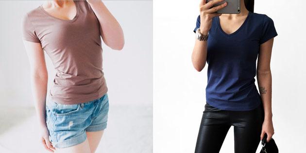 Grundlegende Damen-T-Shirts aus europäischen Geschäften: Basic T-Shirt mit V-Ausschnitt