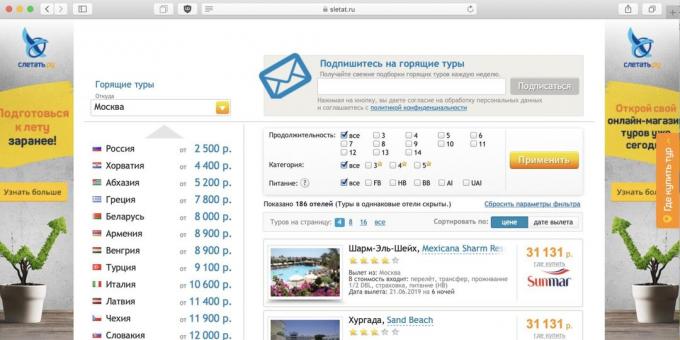 Günstige Reisen können auf Sletat.ru gesucht