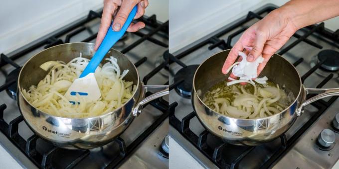 Wie die Zwiebelsuppe kochen: Setzen Sie die Zwiebeln in der Pfanne