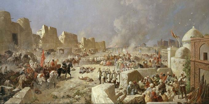 Geschichte des Russischen Reiches: "Der Einmarsch russischer Truppen in Samarkand am 8. Juni 1868", Gemälde von Nikolai Karazin.