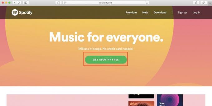 Wie Spotify in Russland nutzen, öffnet Spotify-Website und klicken Sie auf die Get Spotify kostenlos Taste