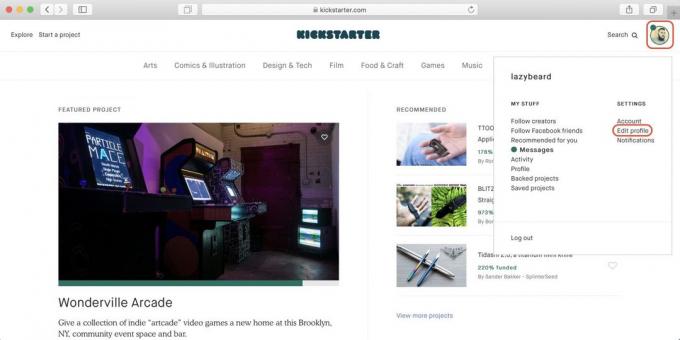 Wie auf Kickstarter kaufen: Klicken Sie auf das Profilsymbol und dann - auf dem Link Profil bearbeiten