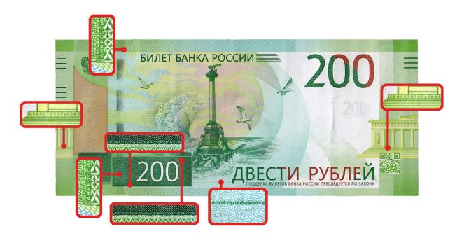 Falschgeld: Mikrobilder auf der Vorderseite 200 Rubel