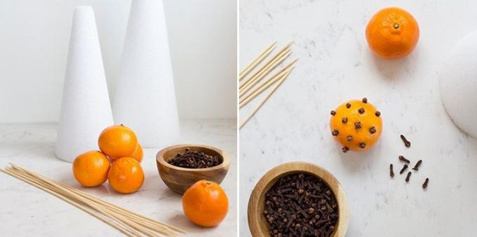 Wie eine Tabelle für Silvester dekorieren: Mandarine Baum