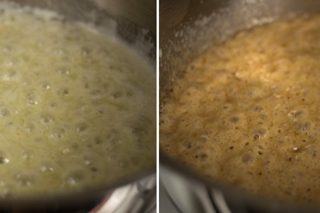 So machen Sie französische Pfannkuchen: Nach 3-4 Minuten bekommt das Karamell einen angenehmen goldbraunen Farbton