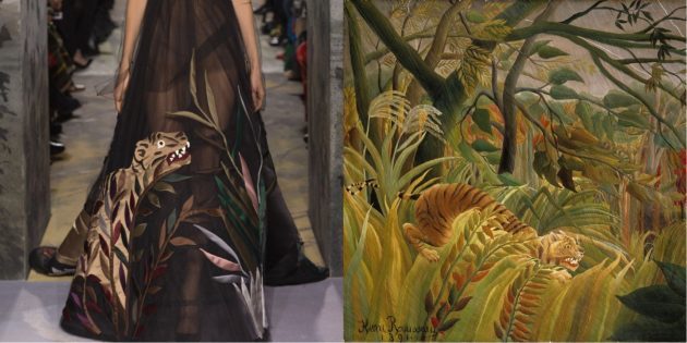 Valentino Modell und ein Gemälde von Henri Rousseau „Tiger in tropischen Sturm“