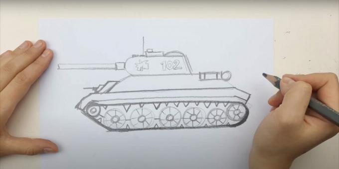 Wie zeichnet man einen Panzer: Zeichnen Sie eine Spur und ein Maschinengewehr 