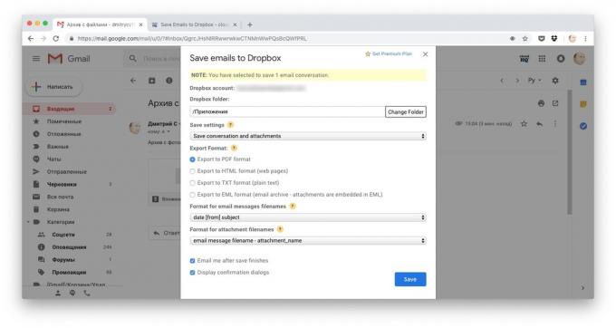 Wege zum Herunterladen von Dateien auf Dropbox: kopieren Sie den gesamten Brief durch Speichern von E-Mails zu Dropbox