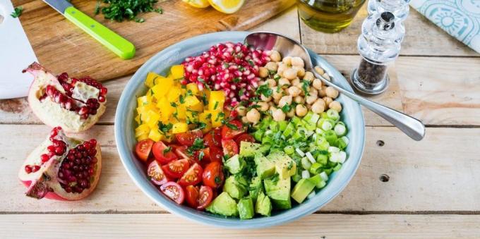 Salat mit Tomaten. Salat mit Tomaten, Kichererbsen, Avocado und Granatapfel