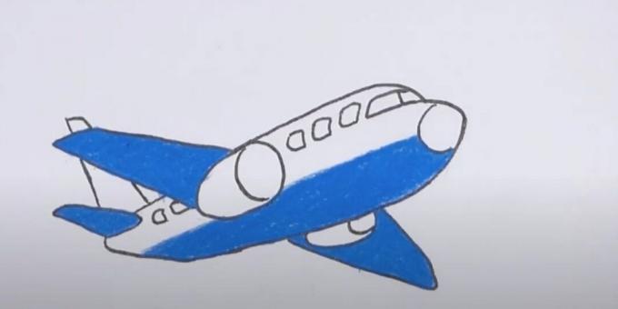 So zeichnen Sie ein Flugzeug: Kreisen Sie die Zeichnung ein und fügen Sie blaue Farbe hinzu