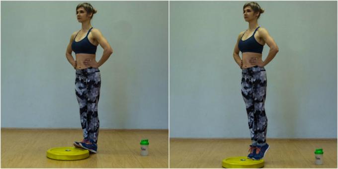 Knie-Übungen: Aufstieg auf den Zehen auf Pfannkuchen