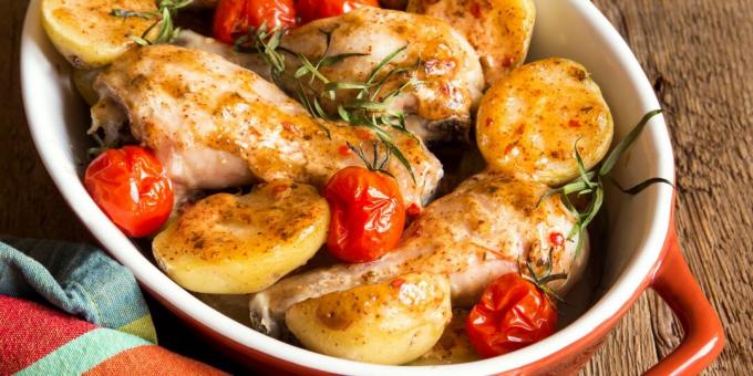 Huhn mit Kartoffeln, Zwiebeln und Tomaten im Ofen