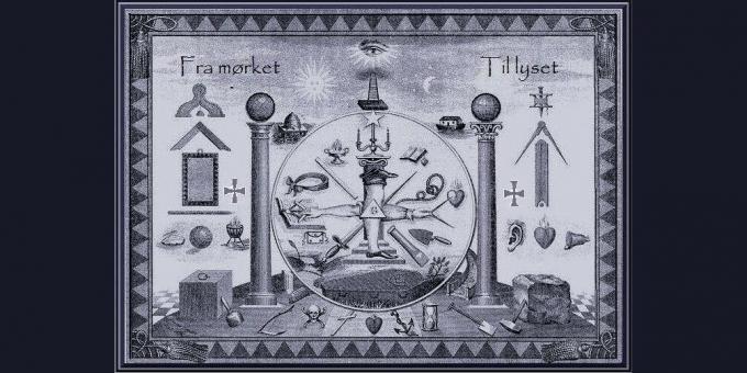 Wer sind die Freimaurer? Die Symbole der Freimaurer. Illustration aus dem Buch "Masonic Emblems". Großbritannien, 1854