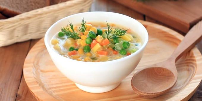Dicke fleischlos Suppe mit Mais und Erbsen