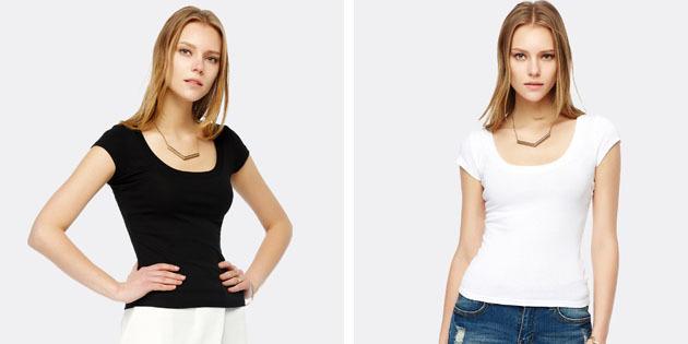 Grundlegende Damen-T-Shirts aus europäischen Geschäften: Plain T-Shirt mit einem U-förmigen Hals