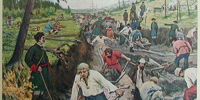 Geschichte des Russischen Reiches: Bau des Ladoga-Kanals, Zeichnung von Alexander Moravov und Ivan Sytin, 1910. 