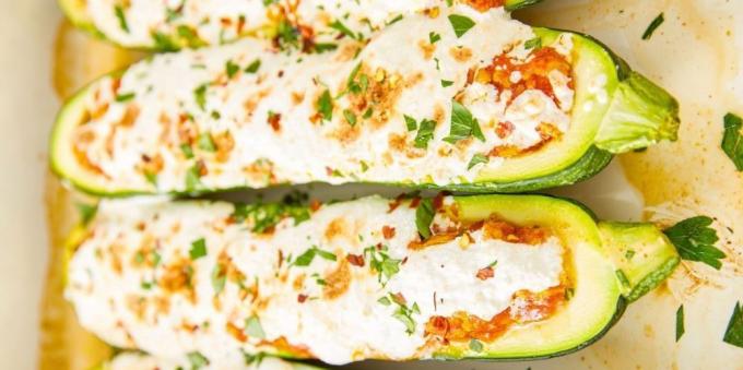 Rezepte Zucchini im Ofen: Boote Zucchini mit Fleisch und Ricotta