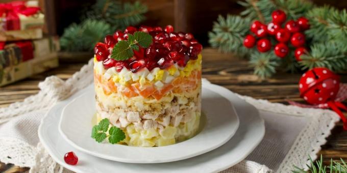 Einfach, schön und lecker! Salat „Rotkäppchen“ mit Hühnchen und Granatapfel