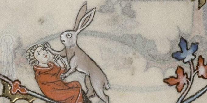 Kinder des Mittelalters: Ein Hase greift einen Mann an, Breviary von Renaud de Bara