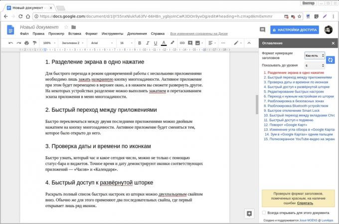 Google Text & Tabellen Add-ons: Inhaltsverzeichnis
