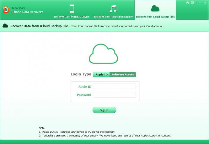Tenorshare iPhone Data Recovery: Authentifizierung mit iCloud-Account