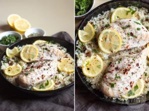 Schnelles Abendessen: Zitronenhähnchen mit Reis in eine Schüssel geben