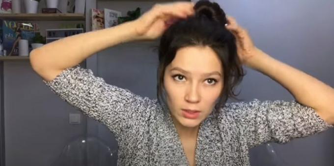 Damenfrisuren für ein rundes Gesicht: Befestigen Sie Ihr Haar mit einem Gummiband